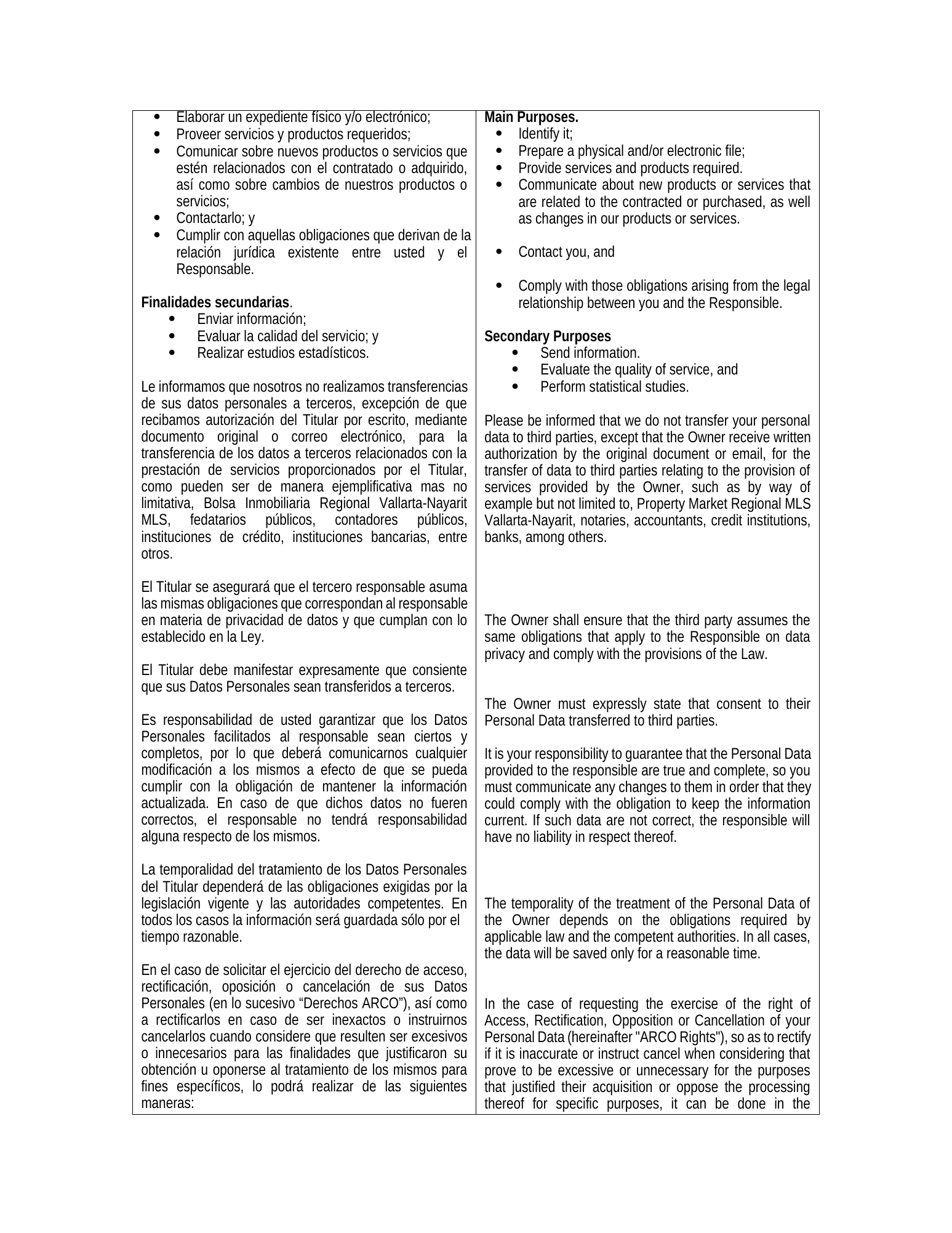 Aviso de privacidad de MW Group, página 2 de 3